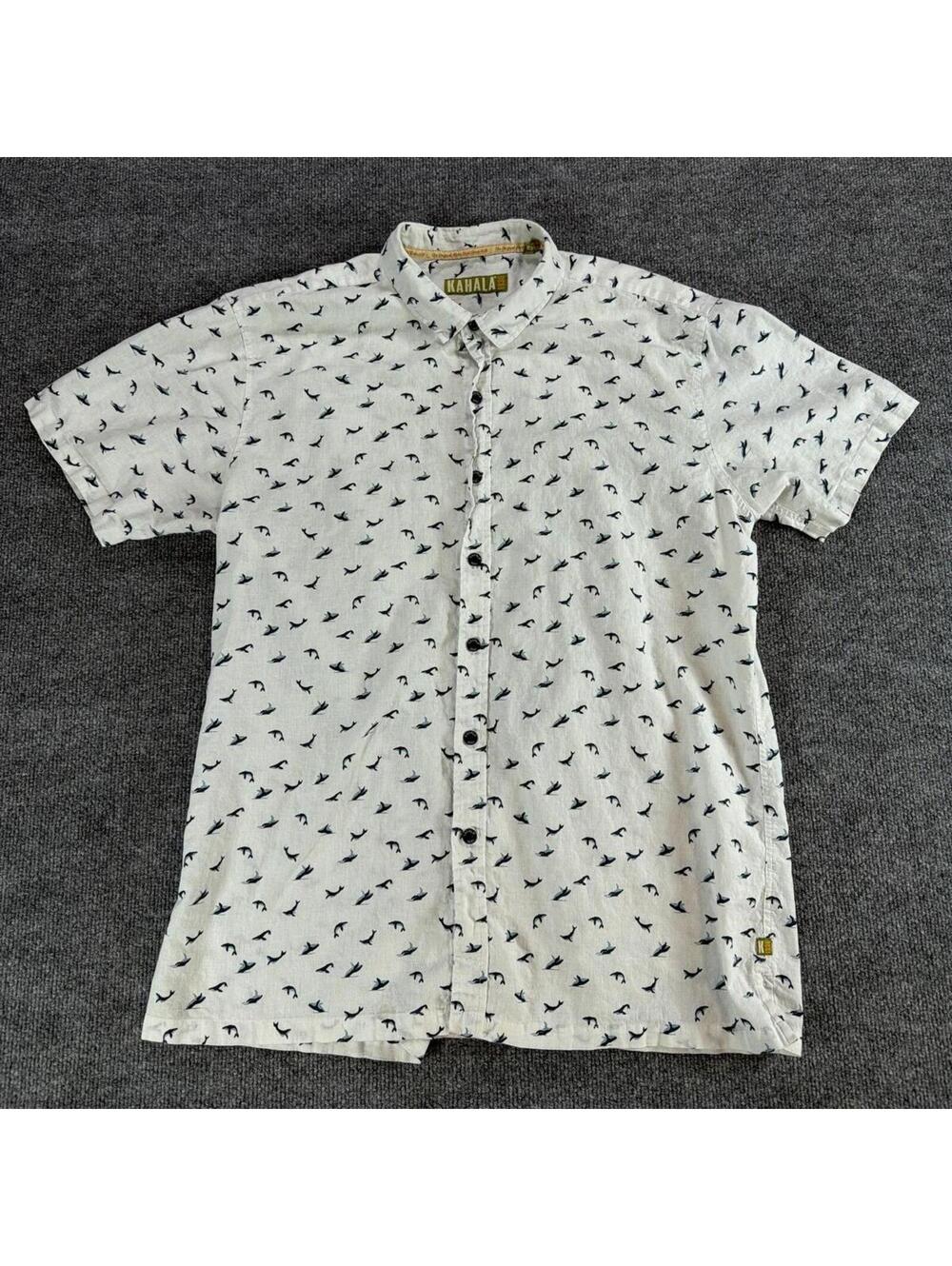 Kahala White Button-Up Shirt Whale Print XL, Summer, Spring, Beach, Linen Blend